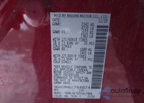 2020 Nissan Rogue Sv Intelligent Awd z USA, uszkodzony, nr VIN 5N1AT2MV6LC764074